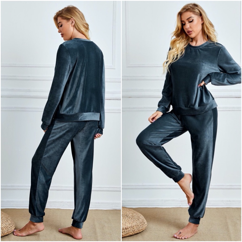 navy blue velvet long sleeve lounge pants set - Picture 4 of 4